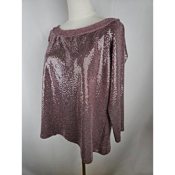 Clara SunWoo Top XL Rose Pink Shimmer Stretch Sequin Boat Neck Party Evening - Picture 4 of 10